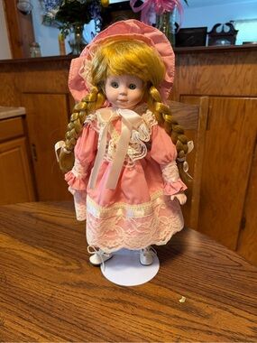 Pink Lace Porcelain Doll in Victorian-Style Dress